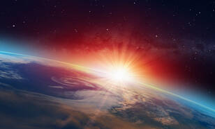 Aarde bezien vanuit het heelal met opkomende zon