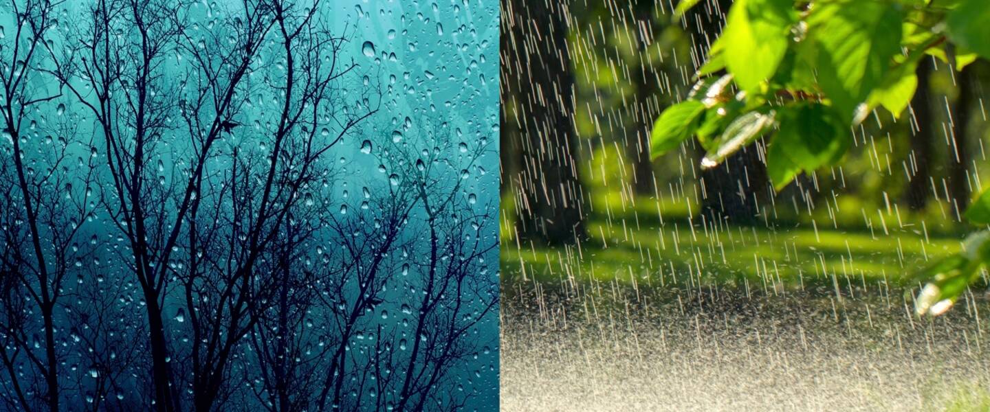 links foto van neerslag in de winter en rechts foto van neerslag in de zomer