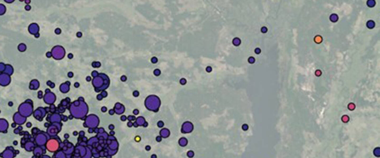 uitsnede uit kaart van Oekraine met locaties van seismische detecties tussen maart-november 2022