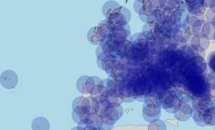kaart met Europa met radarmetingen