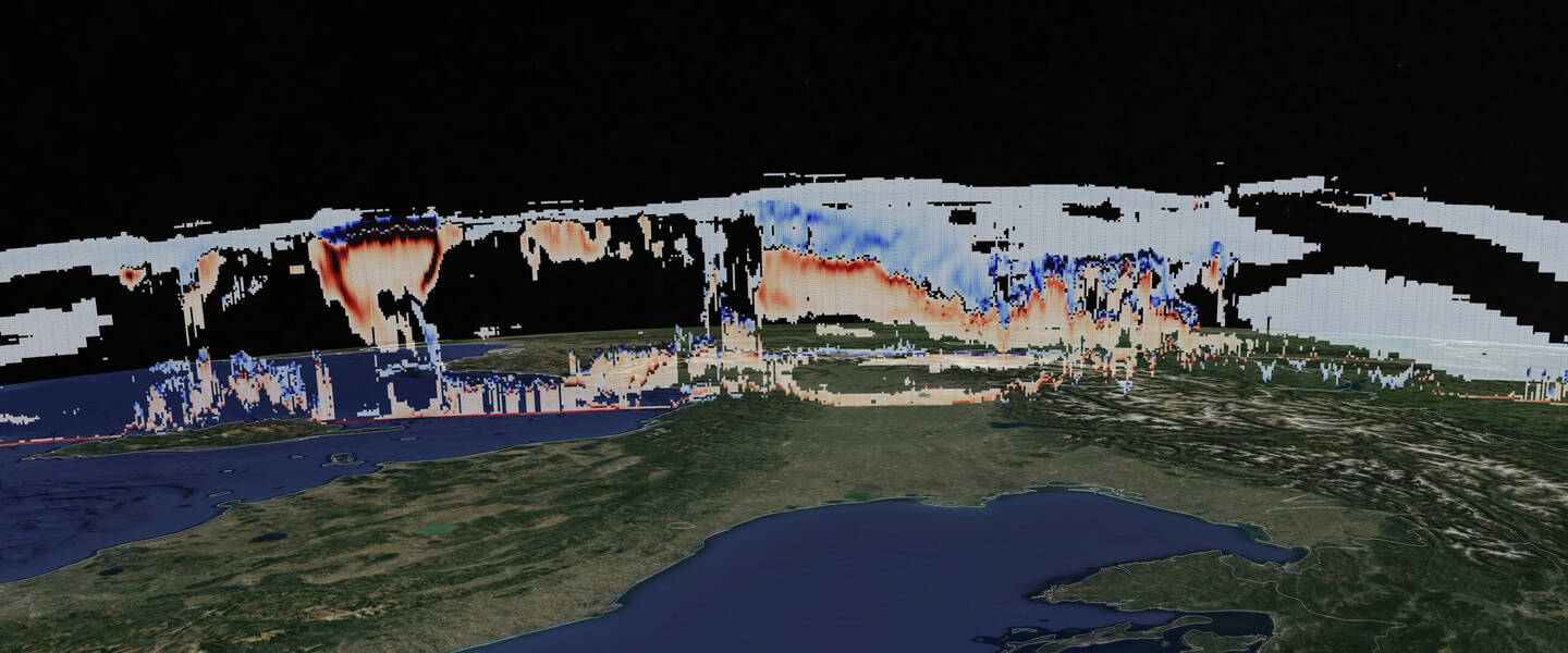 Samenwerking tussen EarthCARE's satelliet-instrumenten, beeld waarbij je allerlei wolken ziet via de satellietinstrumenten 