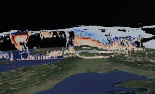 Samenwerking tussen EarthCARE's satelliet-instrumenten, beeld waarbij je allerlei wolken ziet via de satellietinstrumenten 