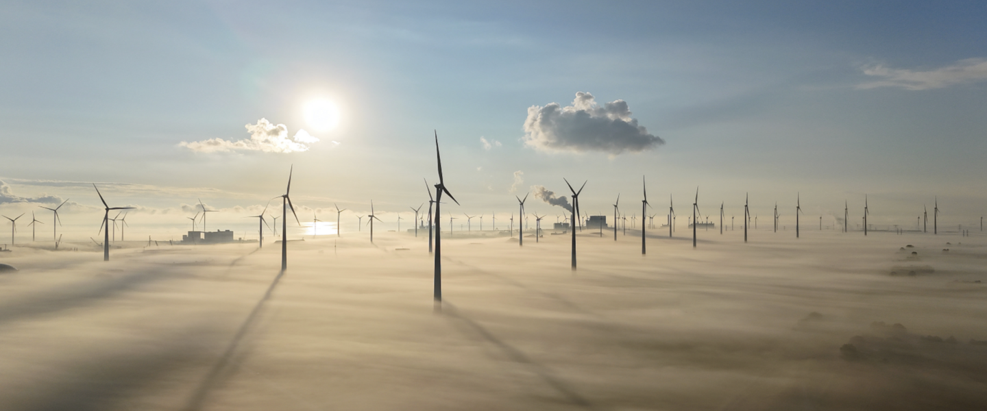 Windturbines boven mist