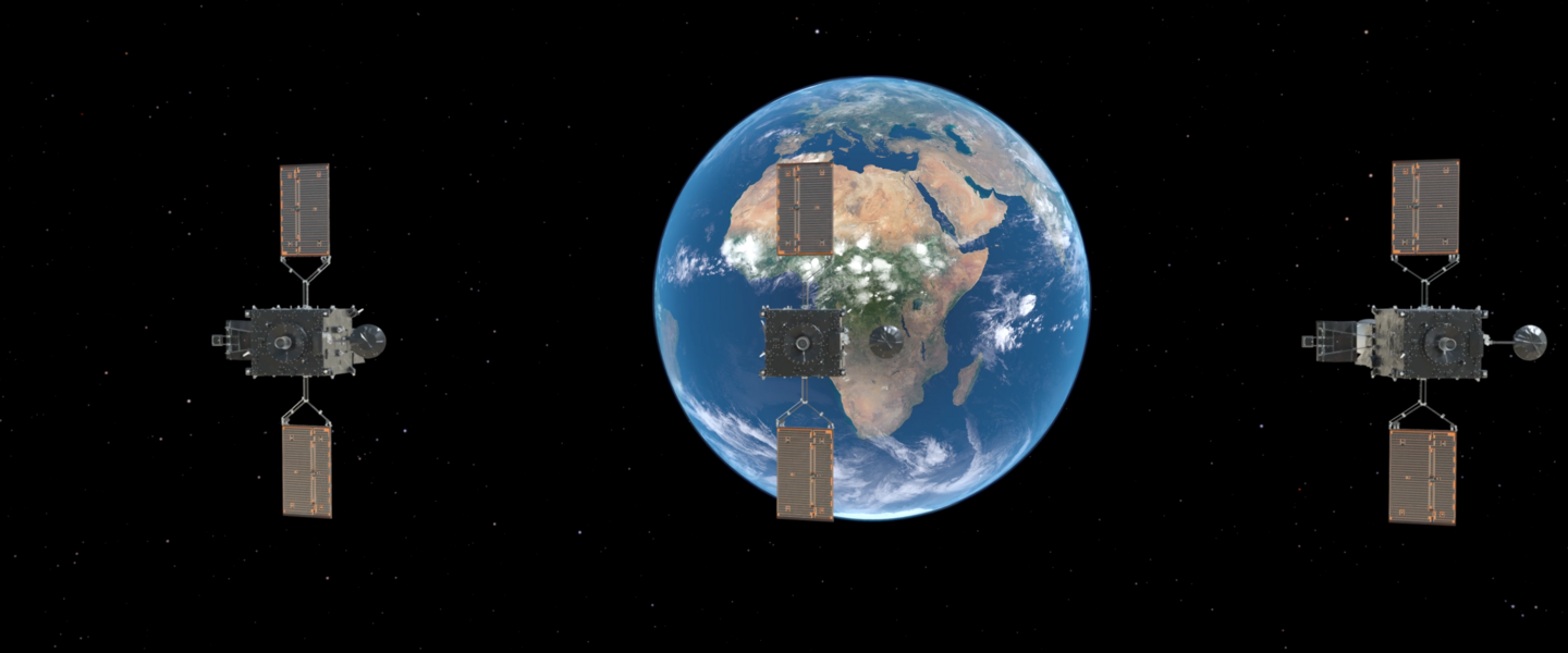 Animatie die een kunstenaarsimpressie toont van de Meteosat Third Generation Imager 2, MTG-I2, in een baan om de aarde.
