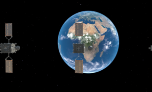 Animatie die een kunstenaarsimpressie toont van de Meteosat Third Generation Imager 2, MTG-I2, in een baan om de aarde.